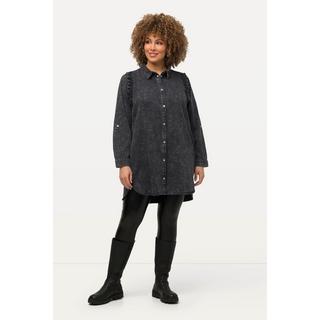 Ulla Popken  Blusa a pallini con taglio svasato, colletto da camicia, ruches sulle spalle e maniche lunghe 