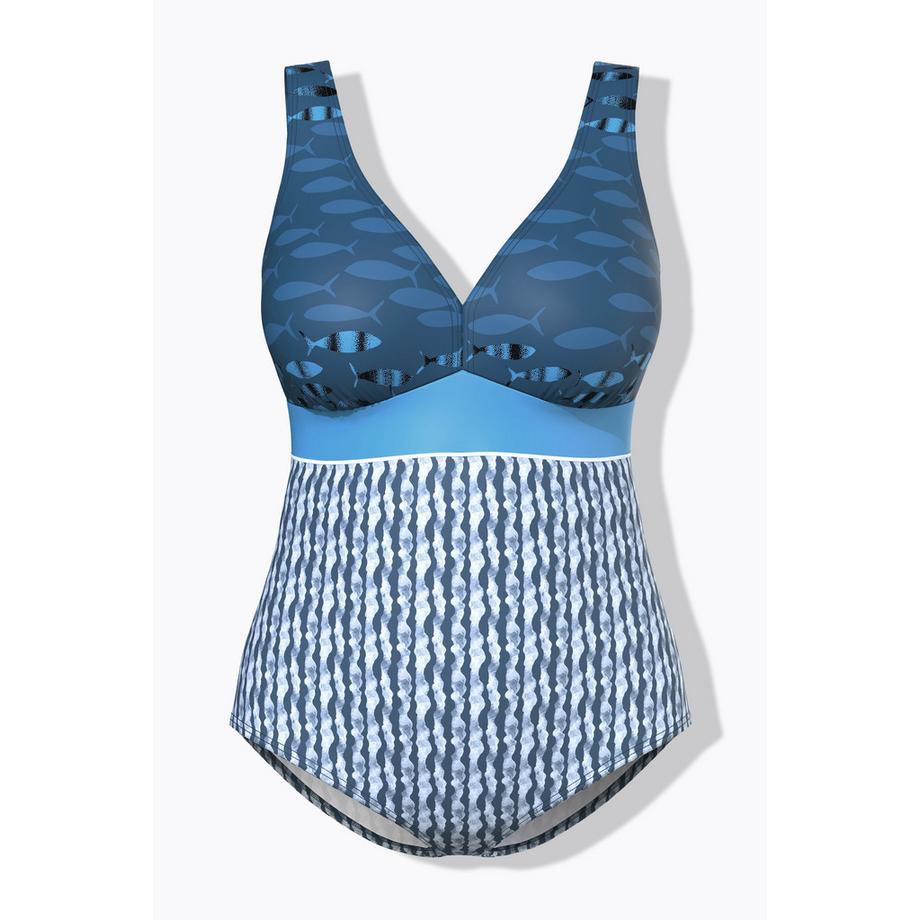 Ulla Popken Fische V-Ausschnitt Badeanzug mit Softcups  