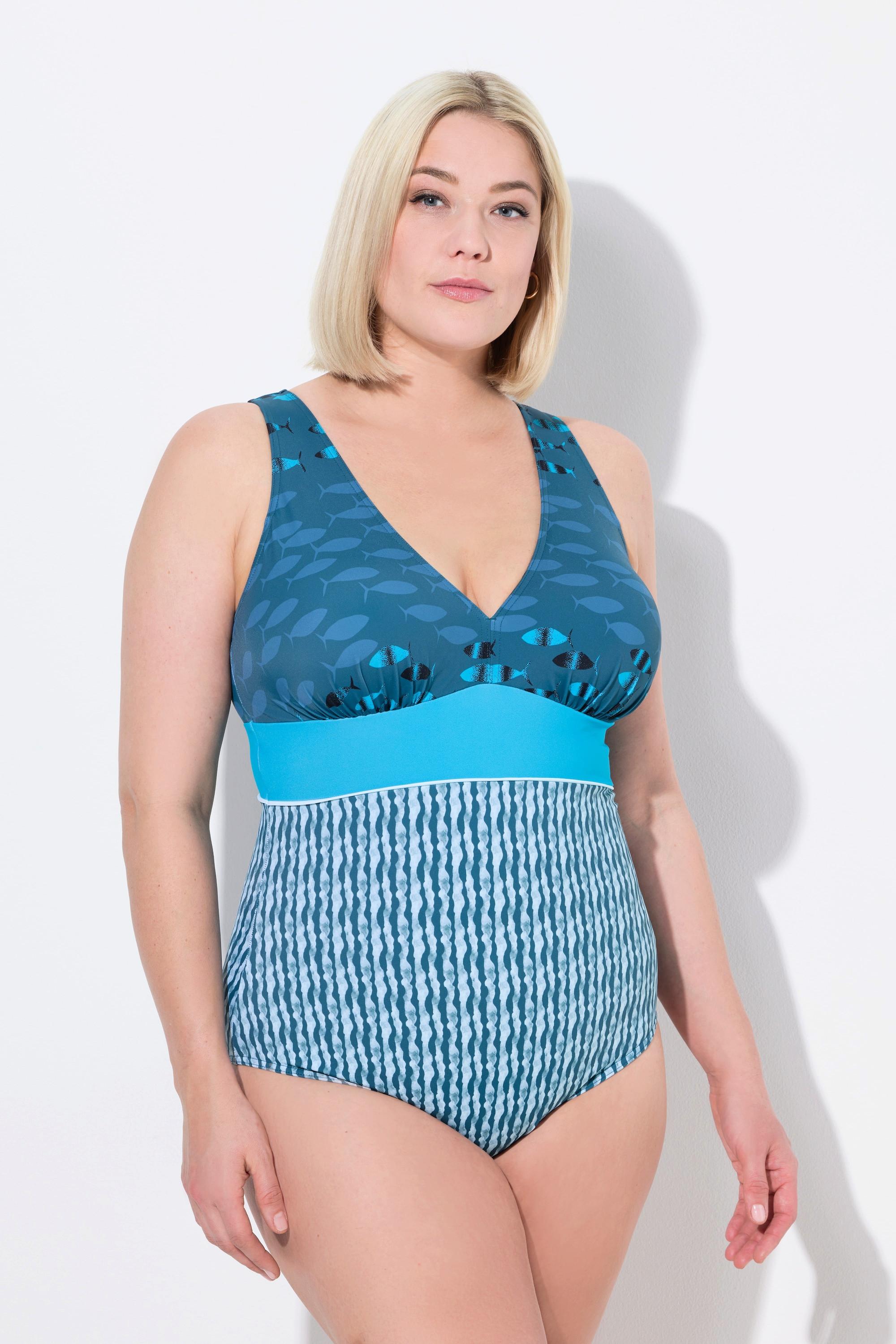 Ulla Popken Maillot de bain imprimé poissons décolleté en V bonnets souples  