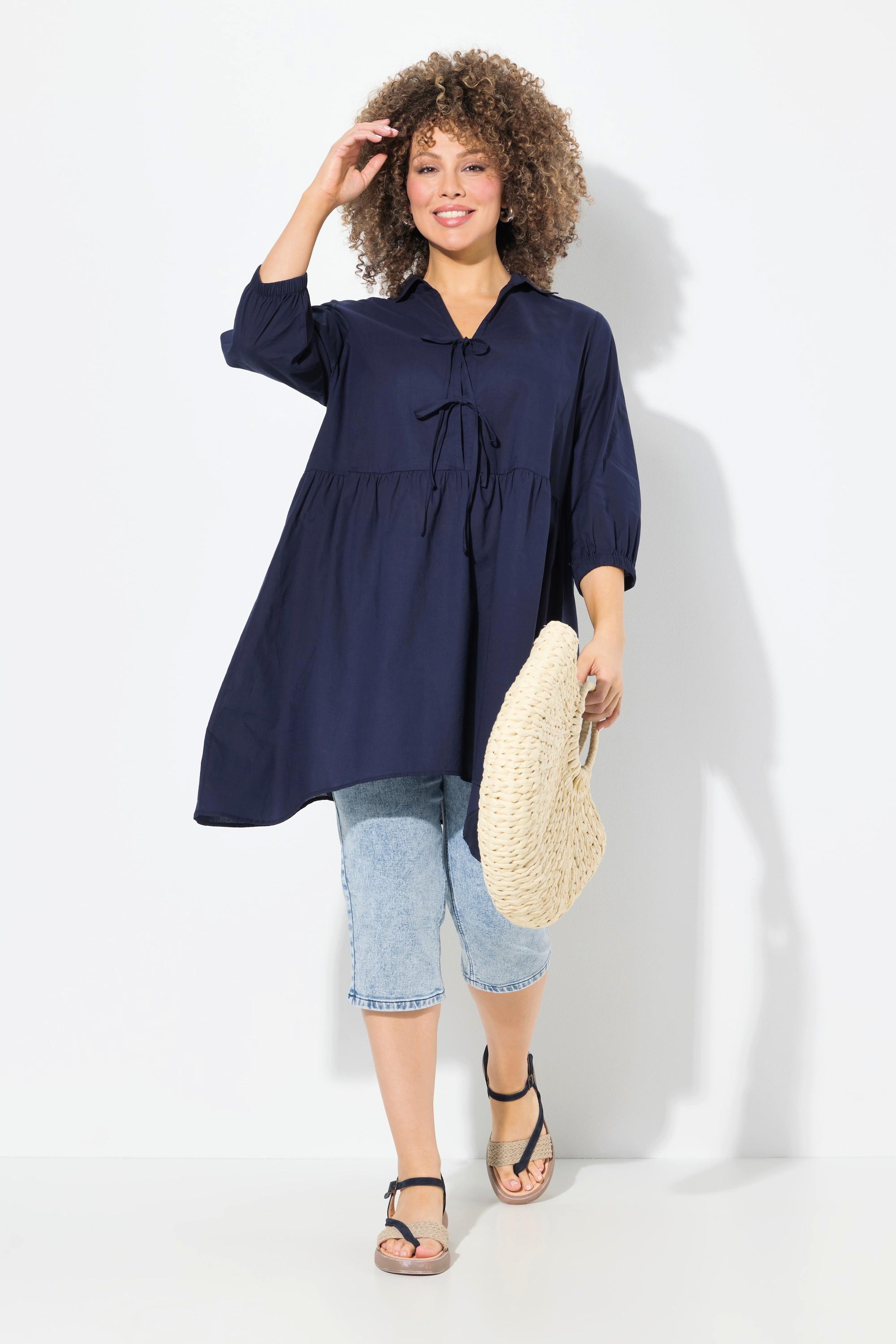 Ulla Popken Blusa Taglio Svasato Orlo a Punte Collo Camicia Maniche 3/4  