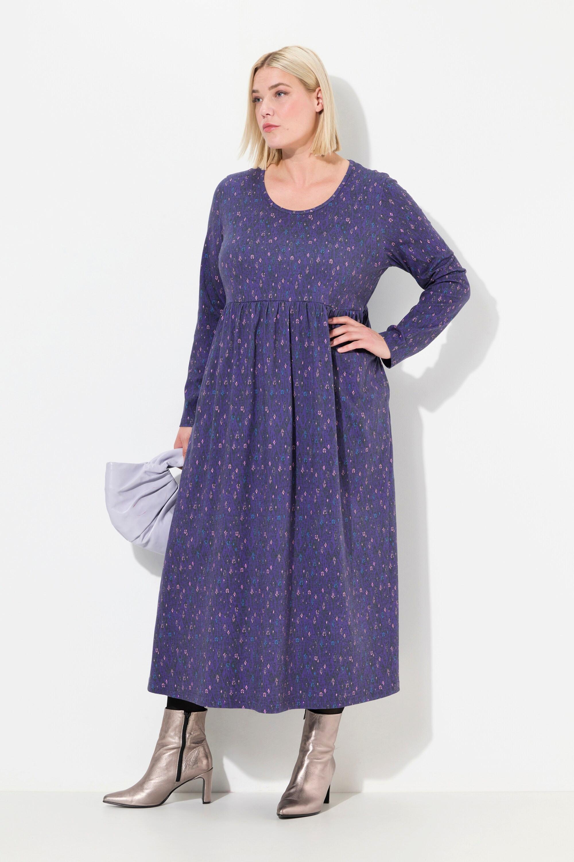 Ulla Popken Robe en Jersey Imprimé Graphique Coupe Évasée Col Rond Manches Longues  