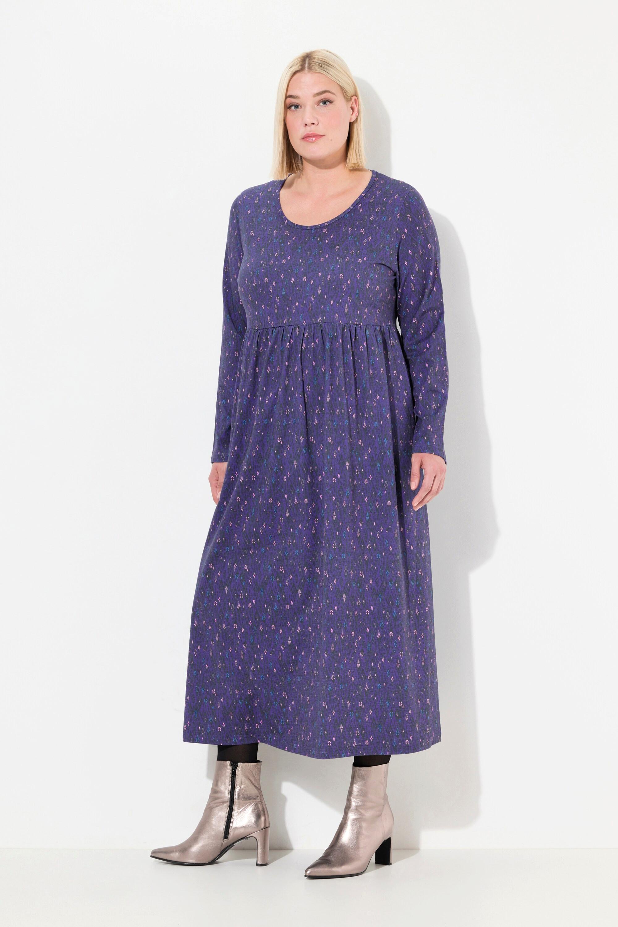 Ulla Popken Robe en Jersey Imprimé Graphique Coupe Évasée Col Rond Manches Longues  