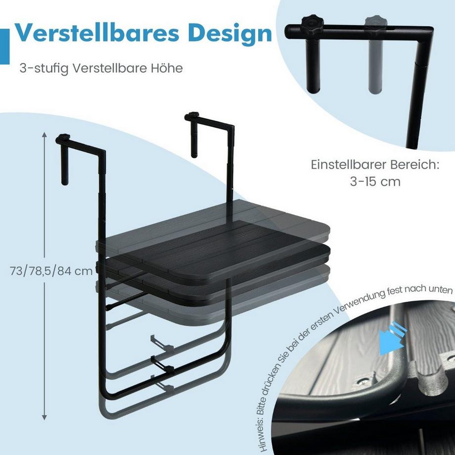 Northix  Table à balustrade pliante table suspendue pour intérieur et extérieur noir 