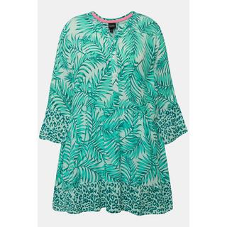 Ulla Popken  Blouse longue avec motif palmiers, col tunisien et manches courtes. Ligne A 