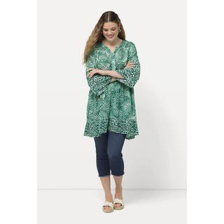 Ulla Popken  Blouse longue avec motif palmiers, col tunisien et manches courtes. Ligne A 