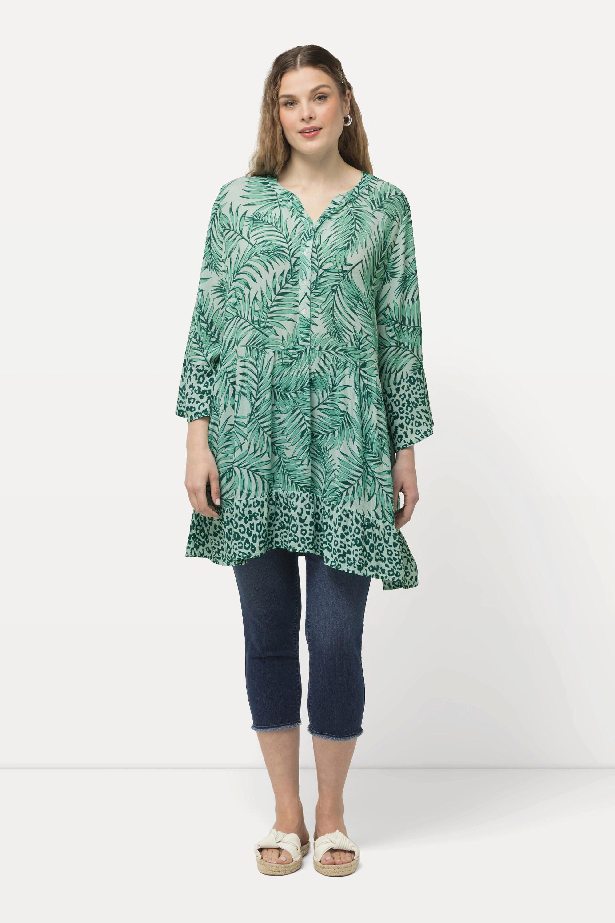 Ulla Popken  Blouse longue avec motif palmiers, col tunisien et manches courtes. Ligne A 