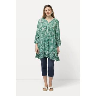 Ulla Popken  Blouse longue avec motif palmiers, col tunisien et manches courtes. Ligne A 