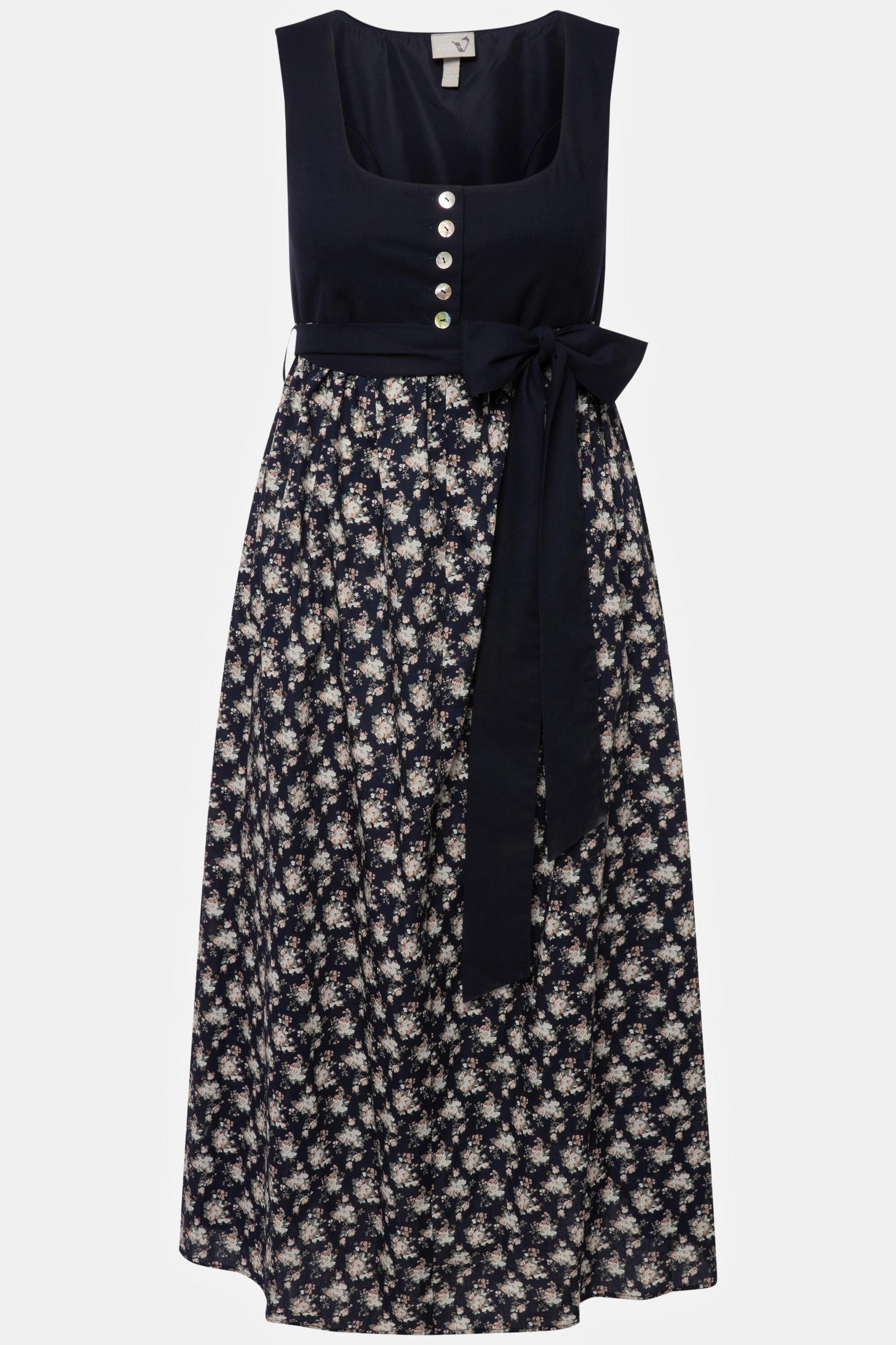 Ulla Popken Dirndl Motif Floral Ruban à Nouer Encolure Carrée Sans Manches  