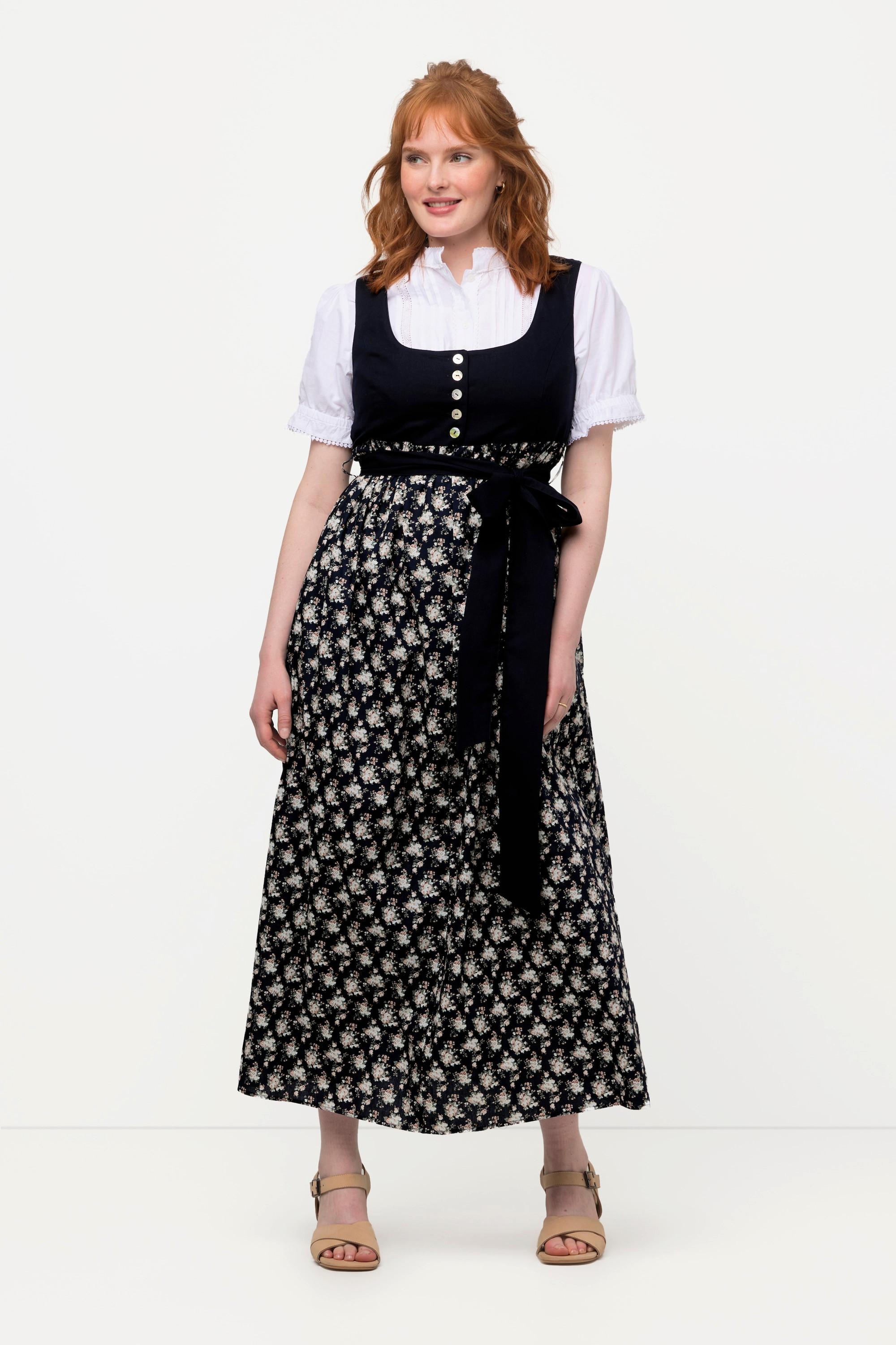 Ulla Popken Dirndl Motif Floral Ruban à Nouer Encolure Carrée Sans Manches  