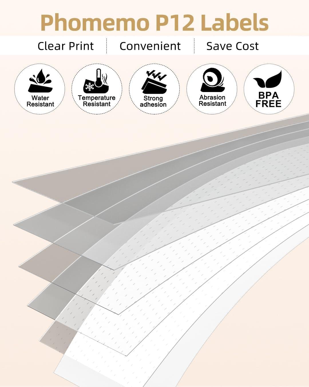 Phomemo Rubans d'étiquetage plastiques noir sur blanc pour P12/P12PRO  