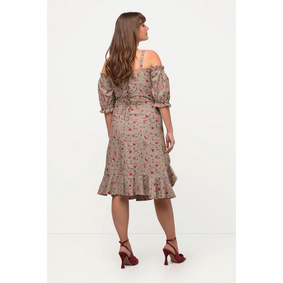 Ulla Popken Abito mini floreale spalle scoperte mezze maniche con orlo a volant  