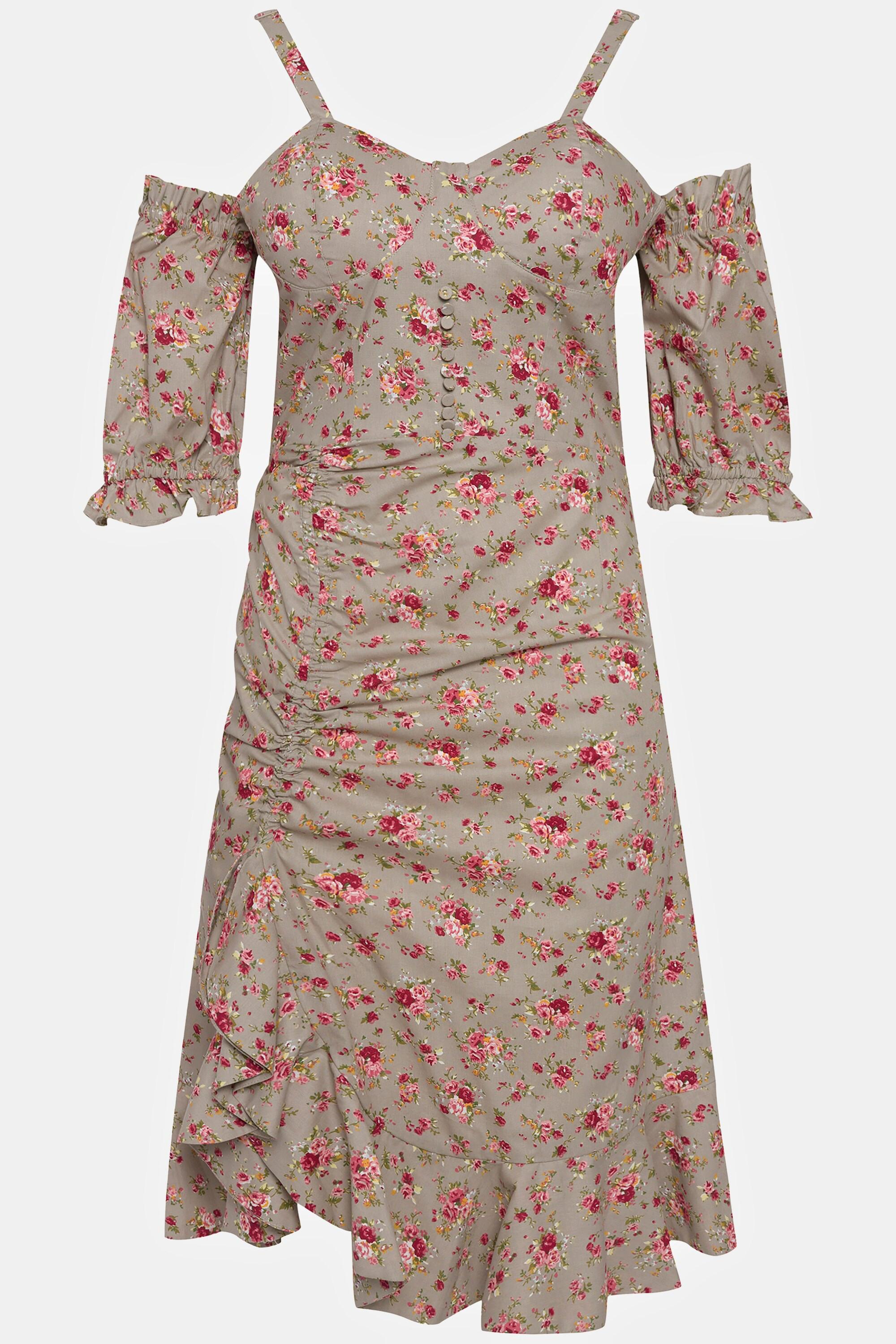 Ulla Popken  Robe mini, roses, manches courtes, épaules nues, ourlet à volants 