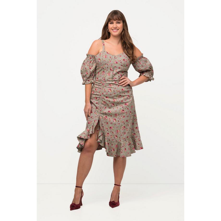 Ulla Popken Abito mini floreale spalle scoperte mezze maniche con orlo a volant  