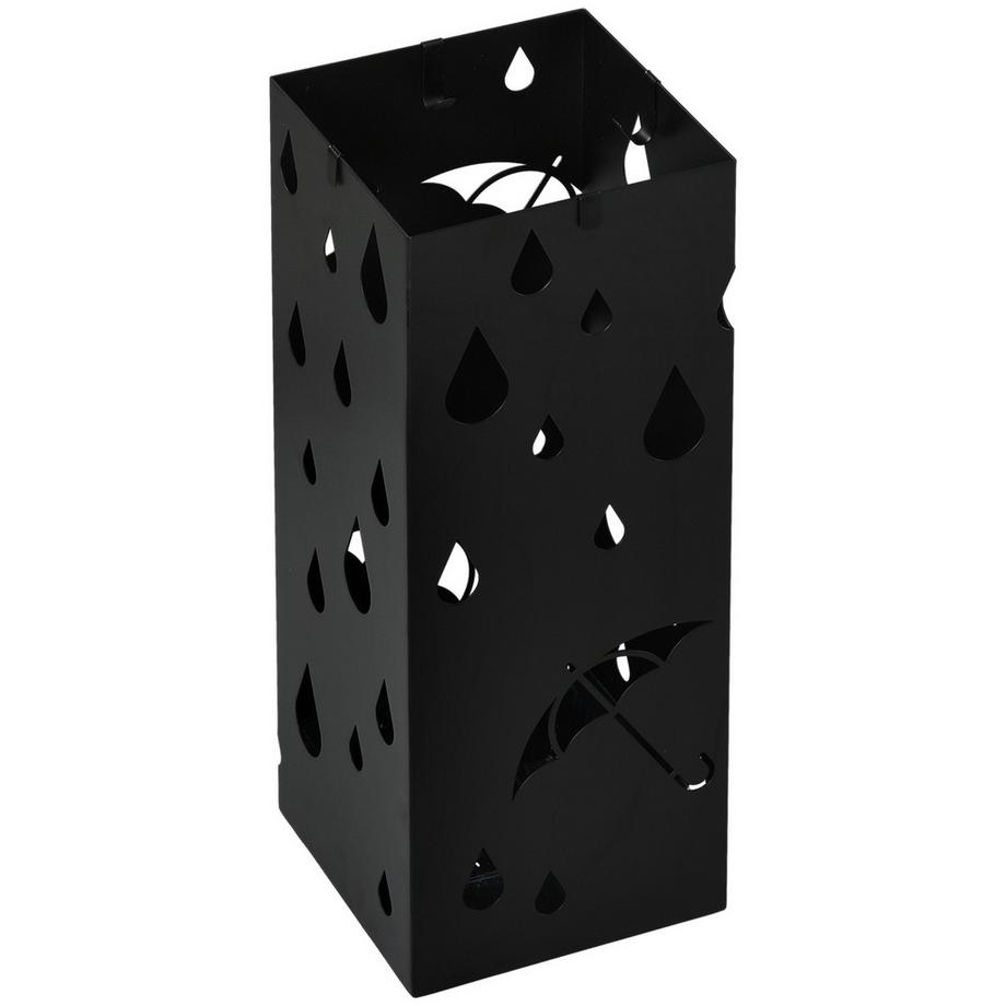 Porte-parapluies avec 4 crochets, bac collecteur d'eau, porte-parapluies pour couloirs, parapluies et cannes, acier, 15,5 x 15,5 x 40 cm, noir