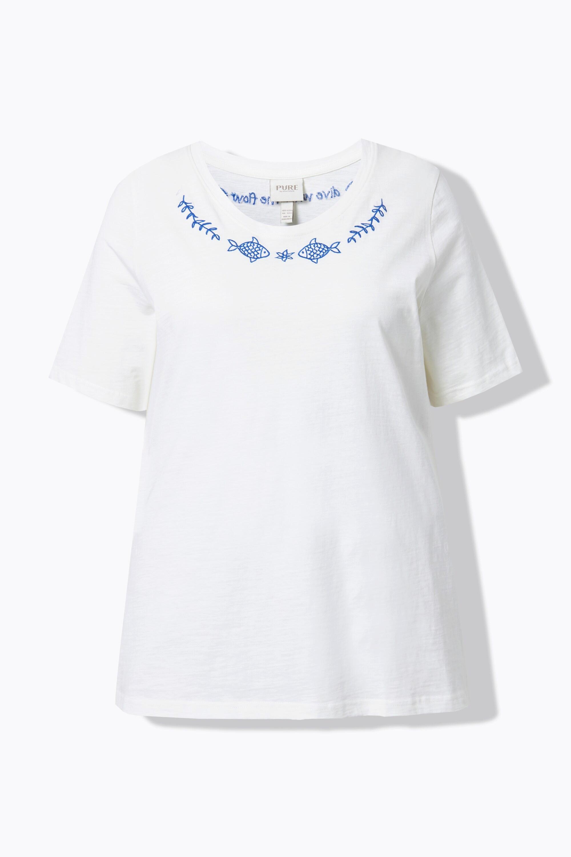 Ulla Popken Ricamo Girocollo Mezze Maniche T-Shirt Cotone Biologico  