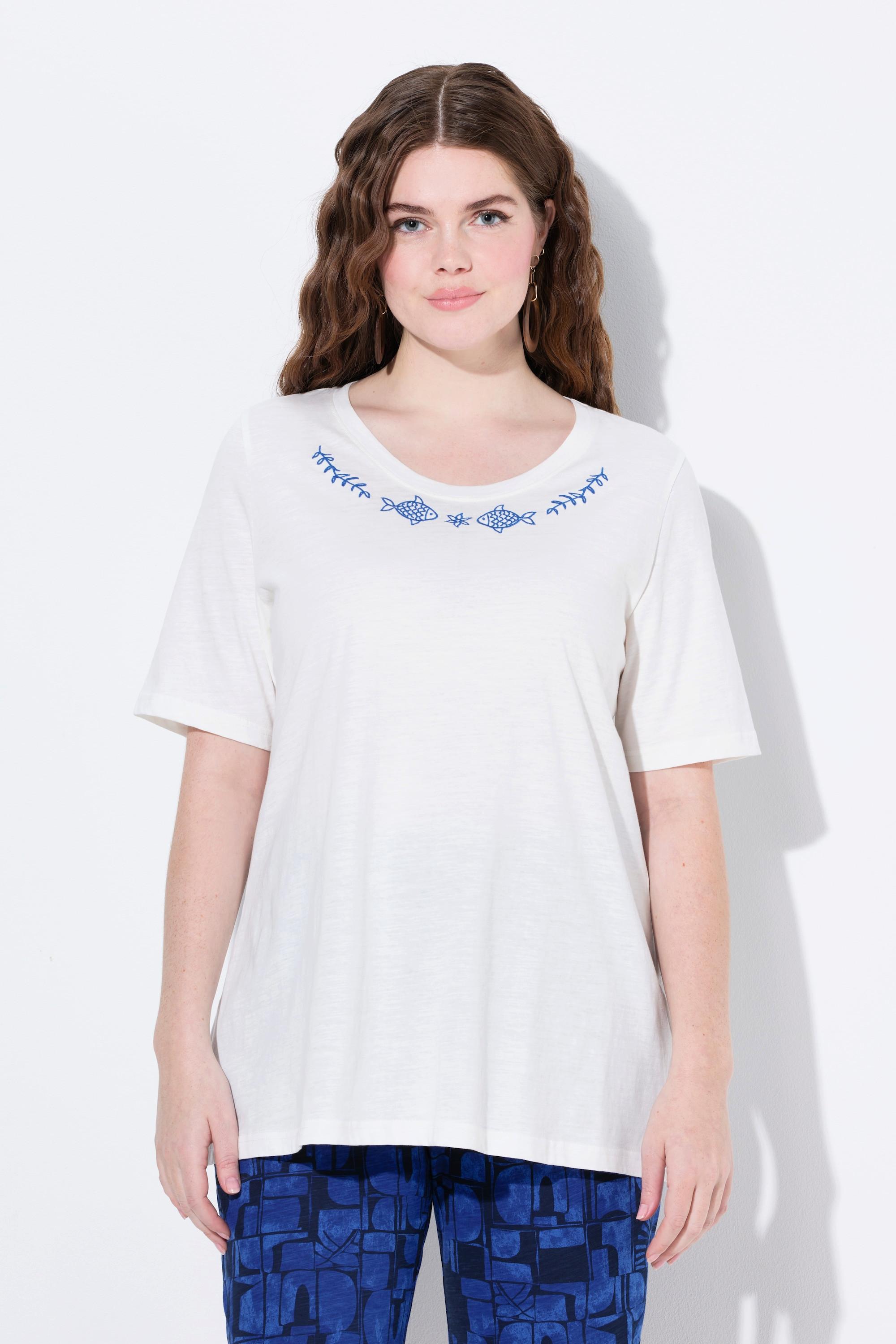 Ulla Popken Ricamo Girocollo Mezze Maniche T-Shirt Cotone Biologico  