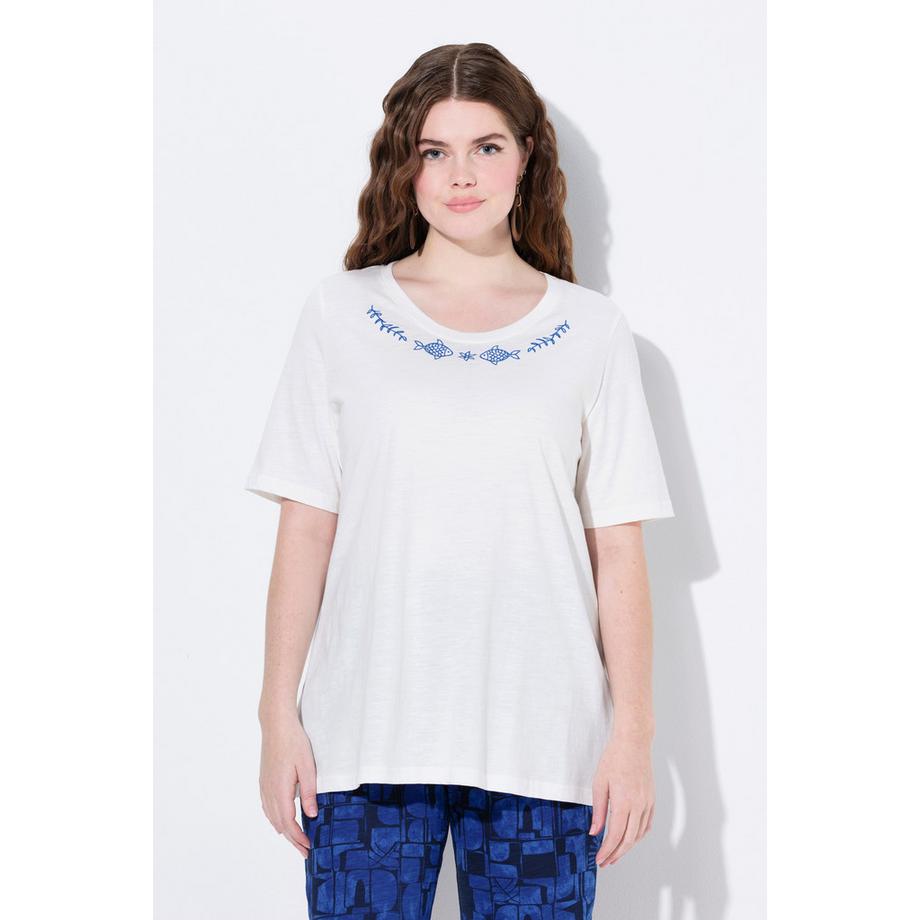 Ulla Popken Stickerei Rundhals Halbarm T-Shirt Biobaumwolle  