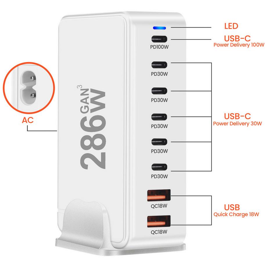 Avizar  Ladestation 286W GaN 8 Ports Weiß 