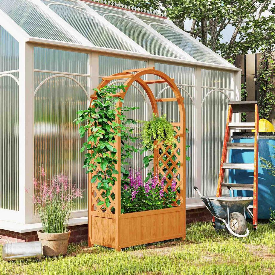 Northio Hochbeet Pflanzkasten mit Rankgitter, Gebogendach Spalier Pflanzkübel Holz, Gartenspalier 83x36x145cm für Garten Balkon Terrasse, Blumenkübel für Kletterpflanzen Korbpflanzen, Blumen |  