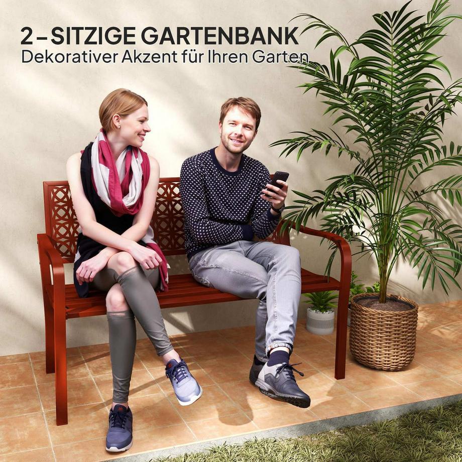 Northio 2-Sitzer Gartenbank, wetterfest Sitzbank, Gartenmöbel mit Rücken- & Armlehnen, Parkbank 240kg belastbar, Balkonbank für Balkon Terrasse, Garten, 127 x 63 x 85cm, Rot  