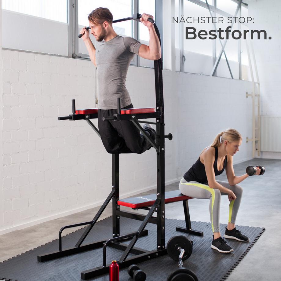 Tectake  Power Tower Reeves mit klappbarer Hantelbank und Langhantelablage Klimmzugstange und Dip Station 