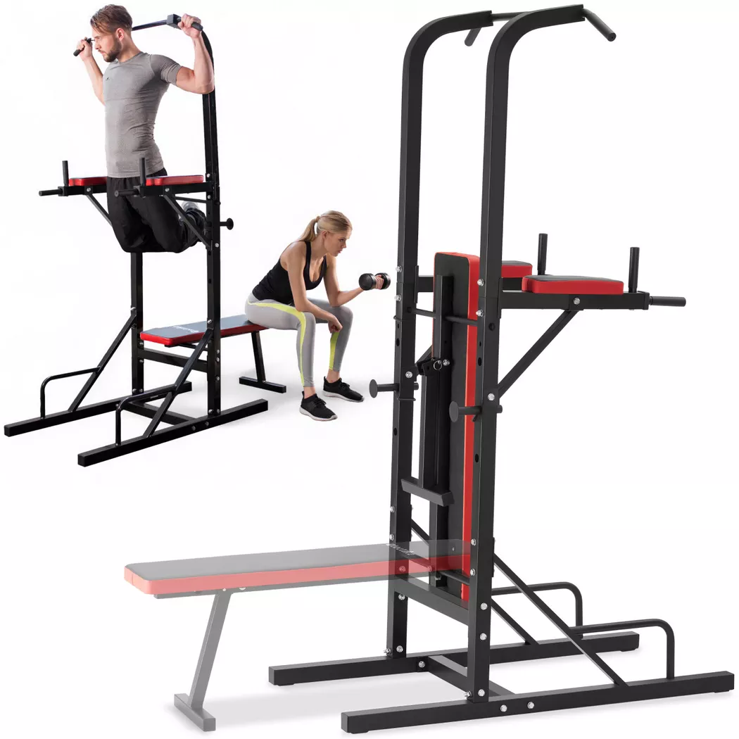 Tectake - Power Tower Reeves mit klappbarer Hantelbank und Langhantelablage Klimmzugstange und Dip Station, 180cm, Charcoal Black