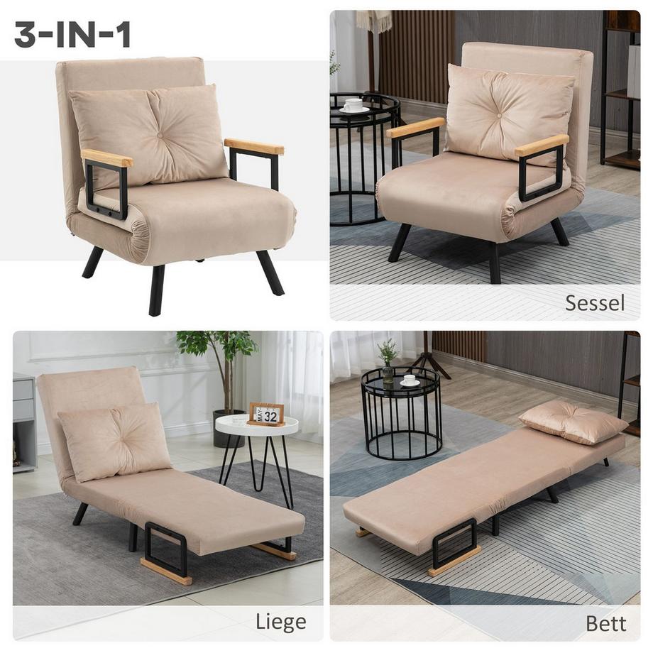 Northio Canapé-Lit, Fauteuil De Relaxation Avec Fonction Lit, Lit D'Appoint Aspect Velours, Coussin De Dossier, Canapé Rembourré Avec Dossier Réglable, Beige, 63 X 73 X 81 Cm  