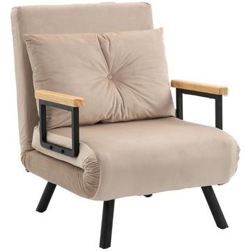 Canapé-Lit, Fauteuil De Relaxation Avec Fonction Lit, Lit D'Appoint Aspect Velours, Coussin De Dossier, Canapé Rembourré Avec Dossier Réglable, Beige, 63 X 73 X 81 Cm