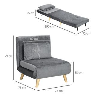 Northio Chaise pliante avec fonction lit et oreillers, lit d'appoint avec dossier réglable, aspect velours, jusqu'à 125 kg, gris  