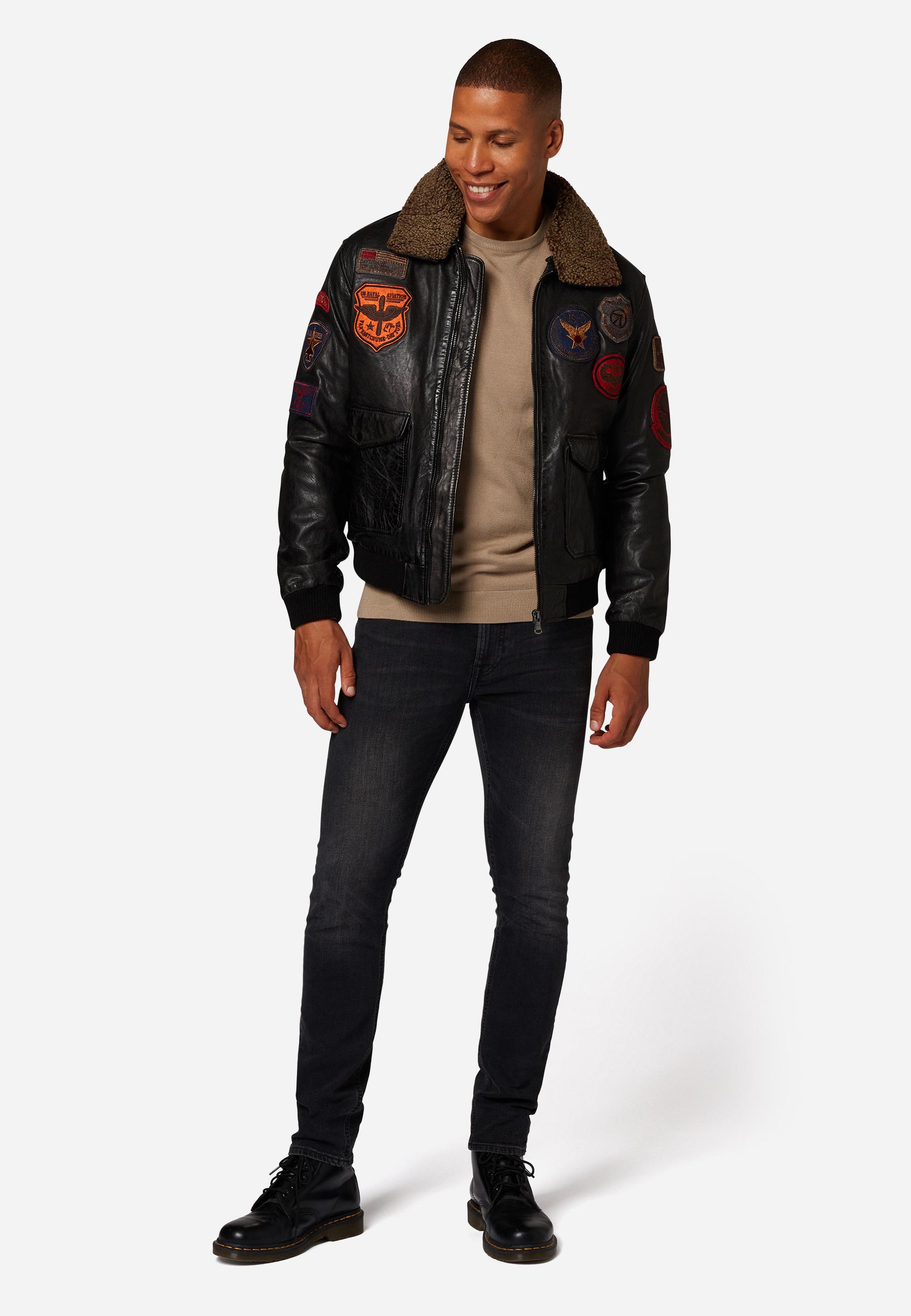 RICANO  Veste en cuir pour hommes Mitic - Style pilote, Patches marquants avec col en fourrure 