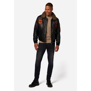 RICANO  Veste en cuir pour hommes Mitic - Style pilote, Patches marquants avec col en fourrure 