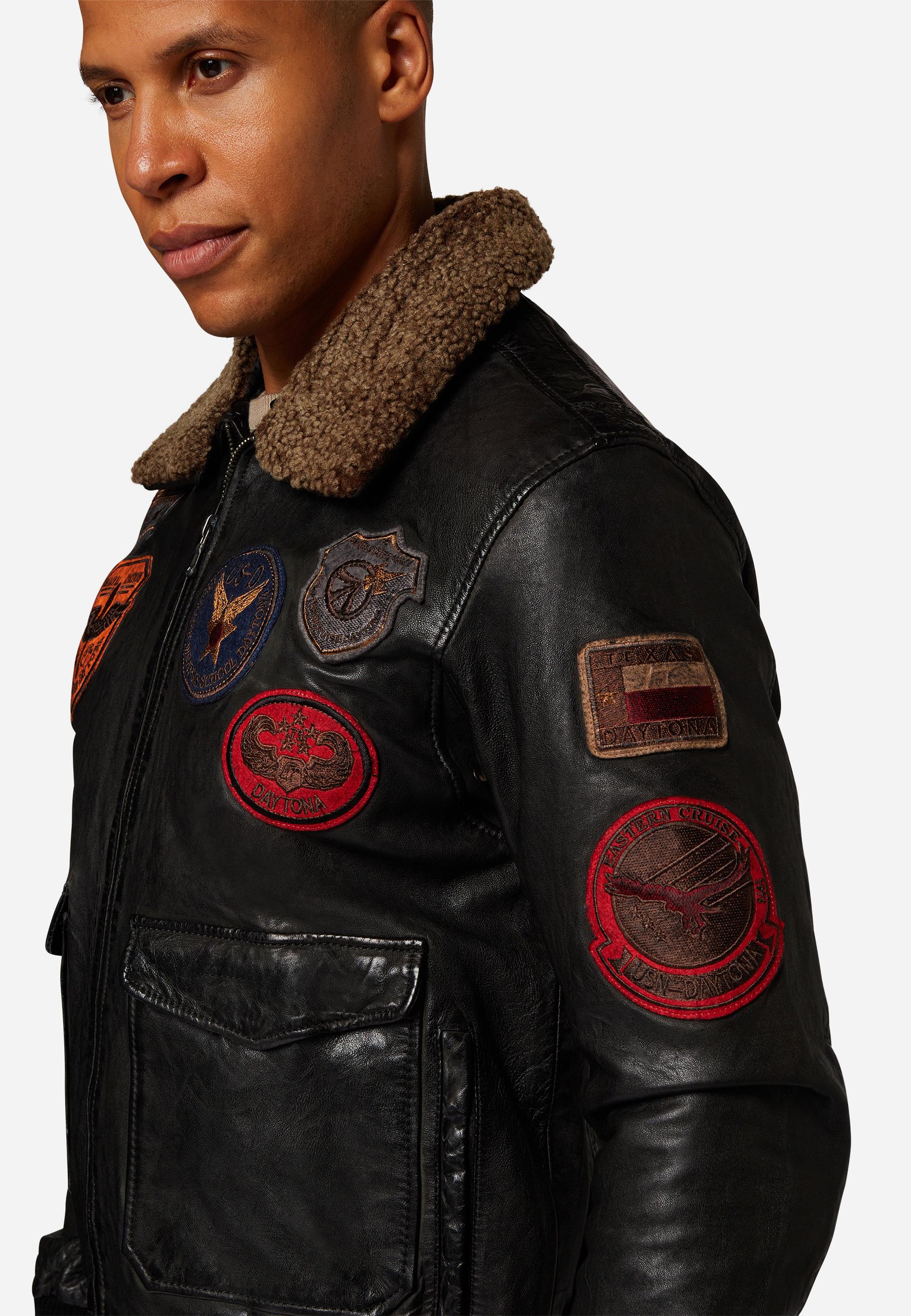 RICANO  Veste en cuir pour hommes Mitic - Style pilote, Patches marquants avec col en fourrure 