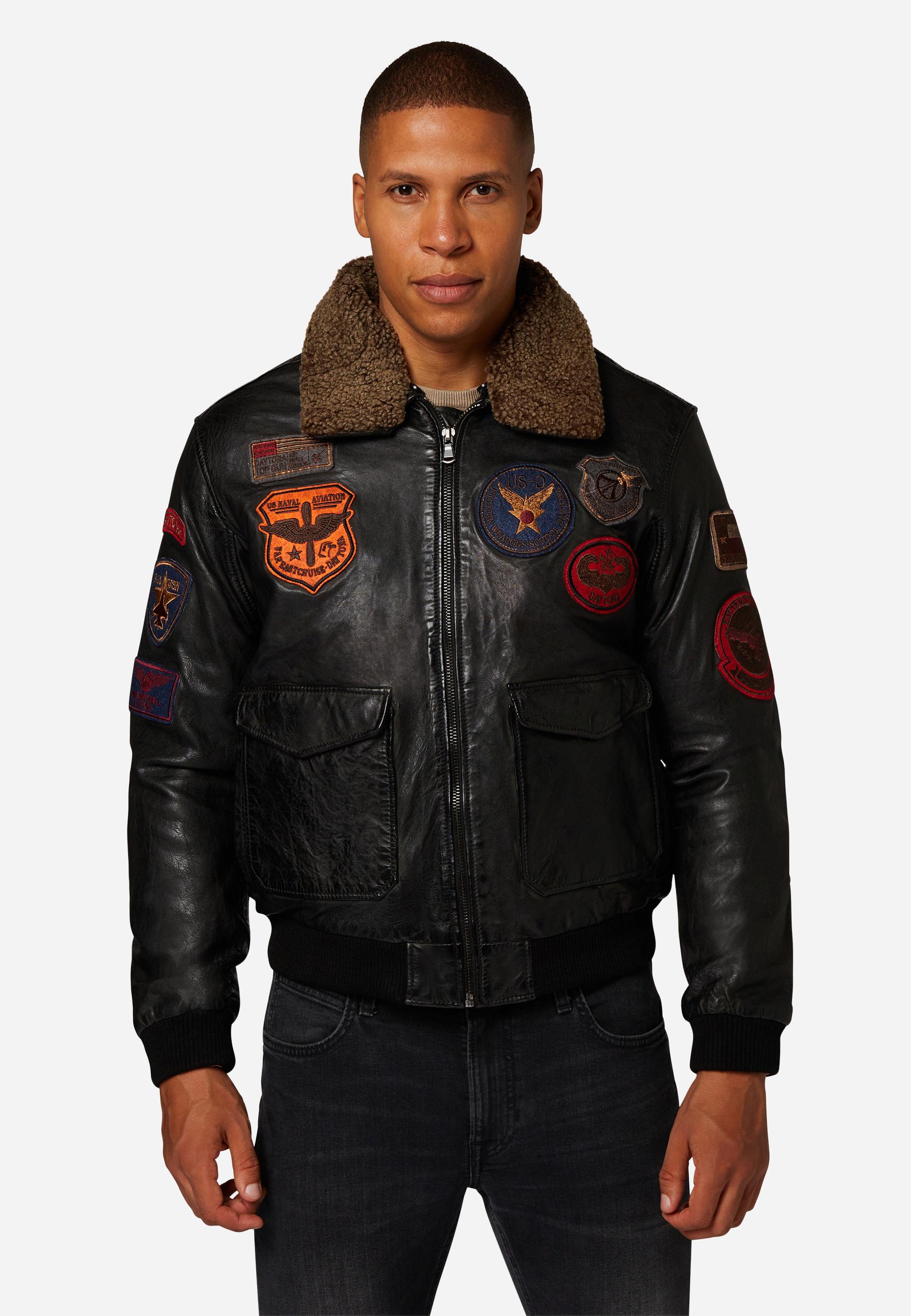 RICANO  Lederjacke Mitic - Piloten Stil, Markante Patches mit Fellkragen 