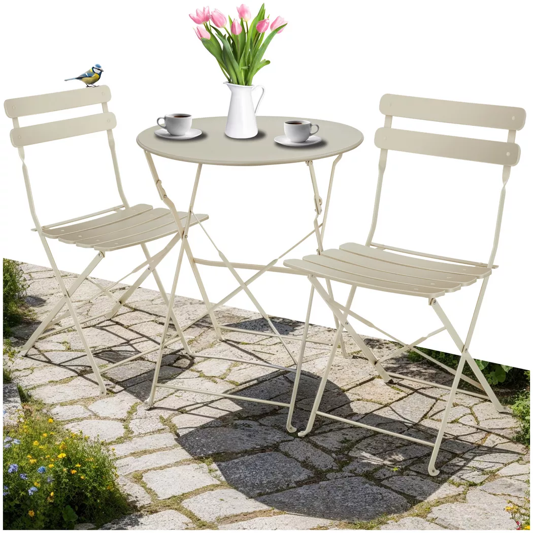Tectake - Bistrotisch Set Frieda für 2 Personen klappbar, 3 Stück, Creme