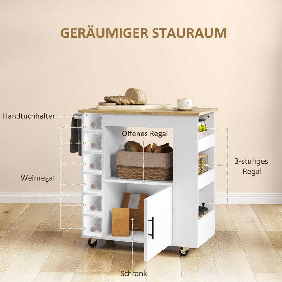 Northio Küchenwagen Servierwagen mit Arbeitsplatte, Ablagen, Weinregalen, Küchenschrank Rollwagen mit Soft-Close-Scharnieren, Griff, Kücheninsel für Büro, 83x40x83cm, Eiche  