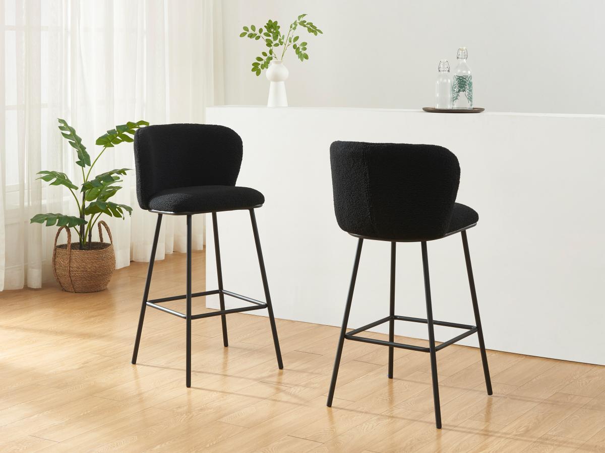 Vente-unique Lot de 2 tabourets de bar en tissu bouclette et métal - Noir - SENORASE  