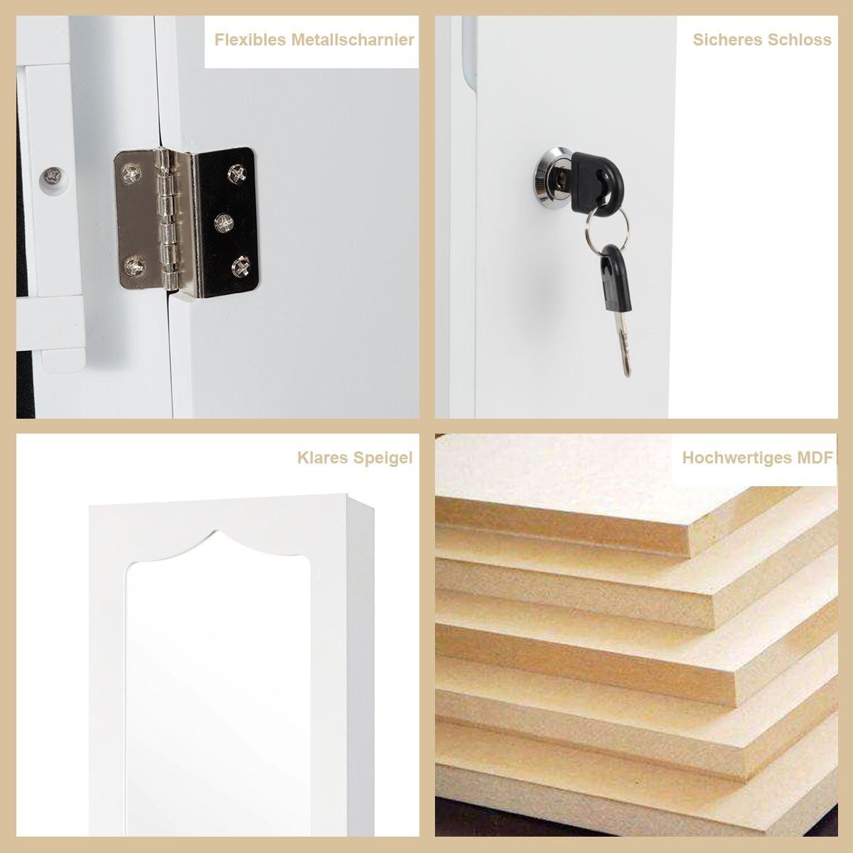 B2X Schmuckschrank mit LED Abschließbarer Wand-/Türschmuckschrank mit Spiegel & 6 Schubläden Weiß  