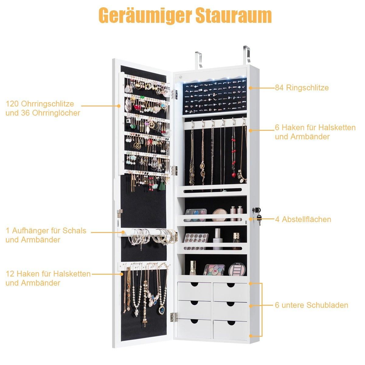 B2X Schmuckschrank mit LED Abschließbarer Wand-/Türschmuckschrank mit Spiegel & 6 Schubläden Weiß  