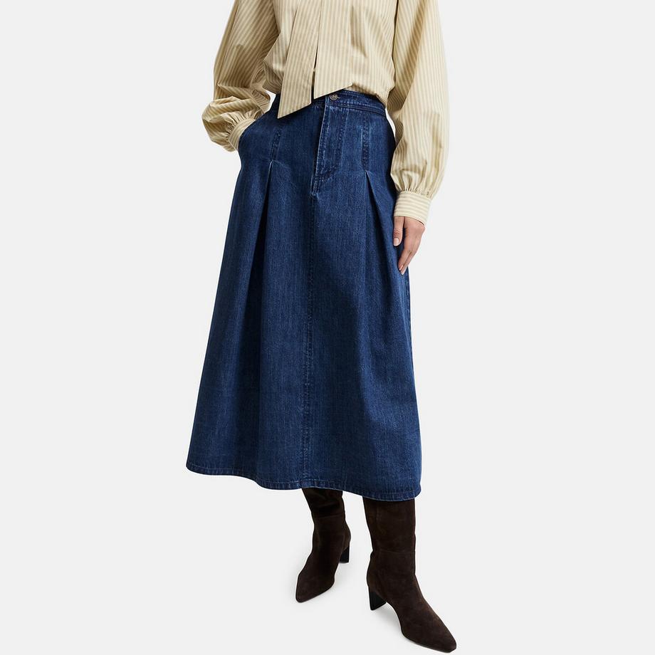 Jupe midi en jean évasée à plis