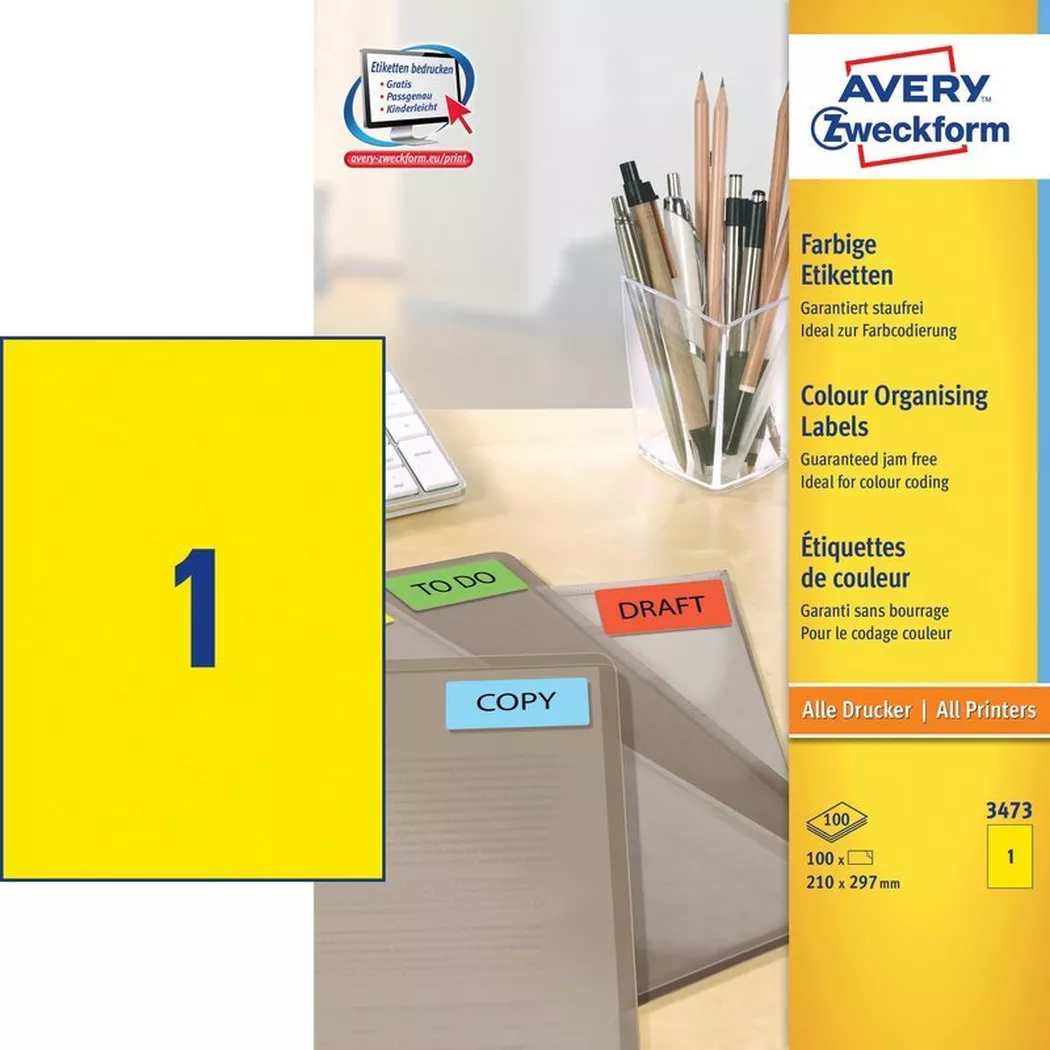Avery-Zweckform – AVERY ZWECKFORM Etiketten A4,100 Stück, One Size, Gelb Bunt
