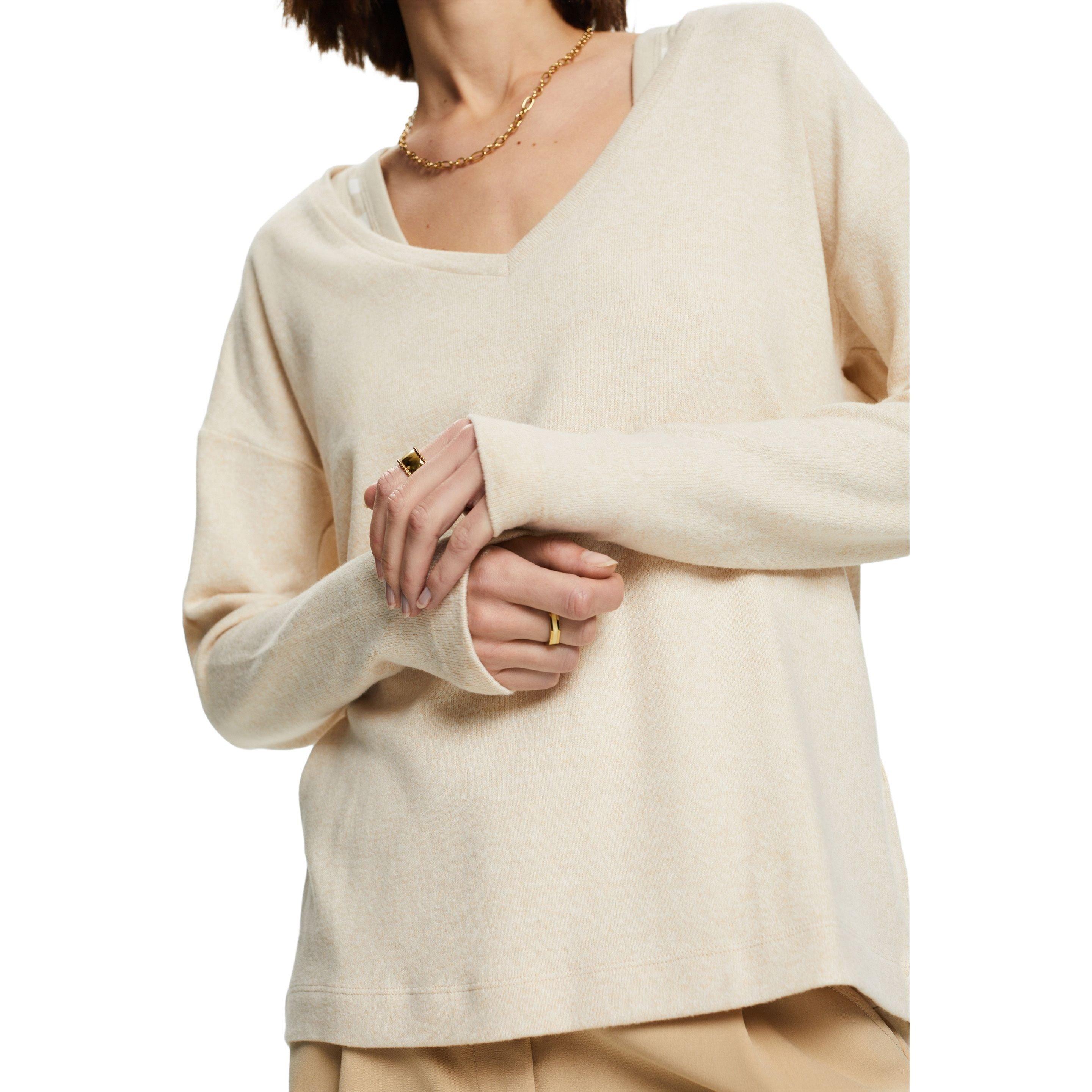 ESPRIT T-shirt spazzolata scollo a V maniche lunghe  