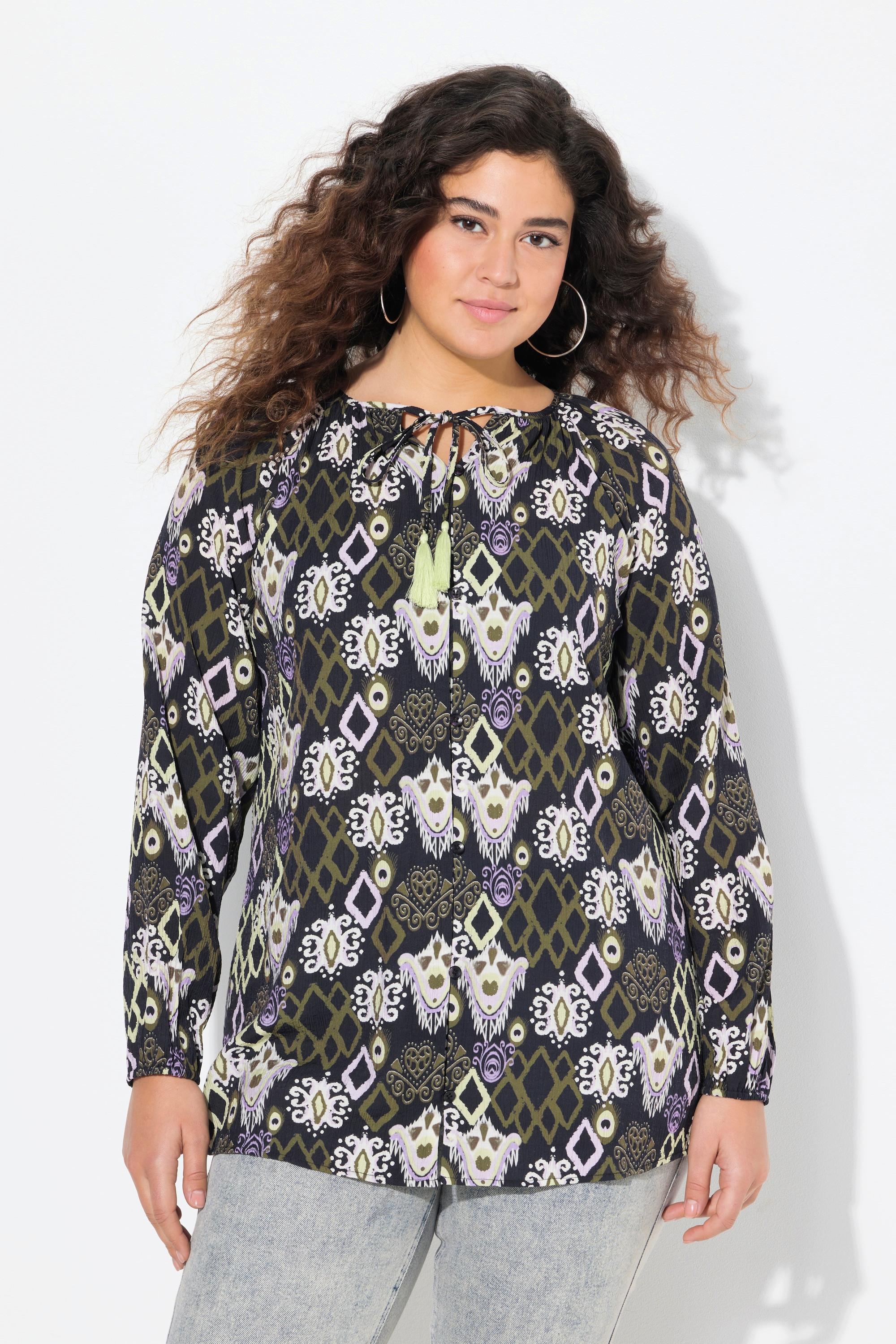 Ulla Popken Laccetto con Nappa Scollo Rotondo Maniche Lunghe Blusa  