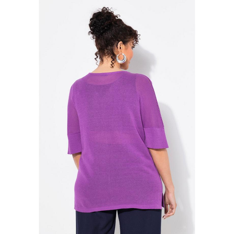 Ulla Popken Maglione Oversize Mezza Manica Scollo a V con Cucitura Decorativa  