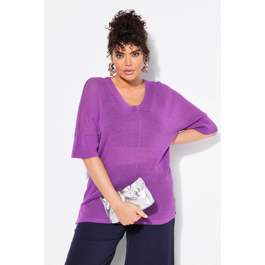 Ulla Popken Maglione Oversize Mezza Manica Scollo a V con Cucitura Decorativa  