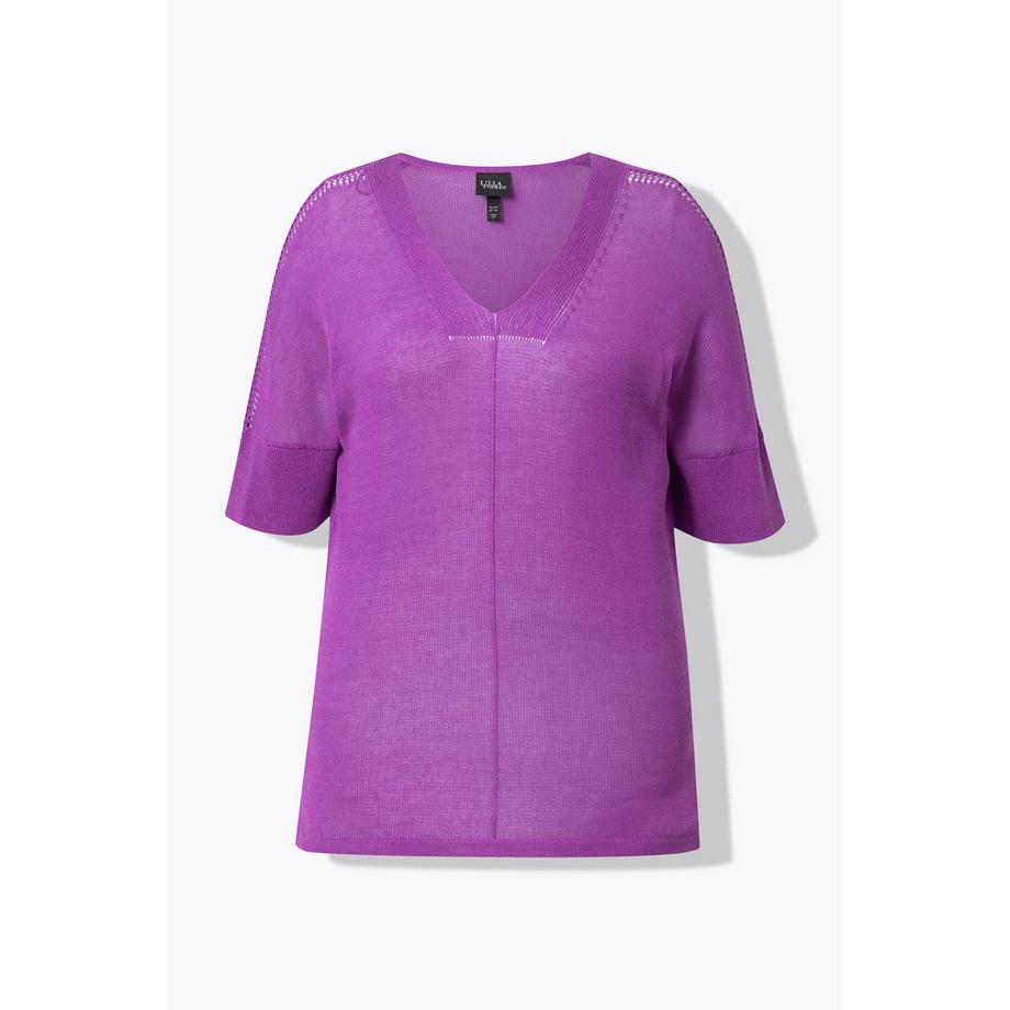 Ulla Popken Maglione Oversize Mezza Manica Scollo a V con Cucitura Decorativa  