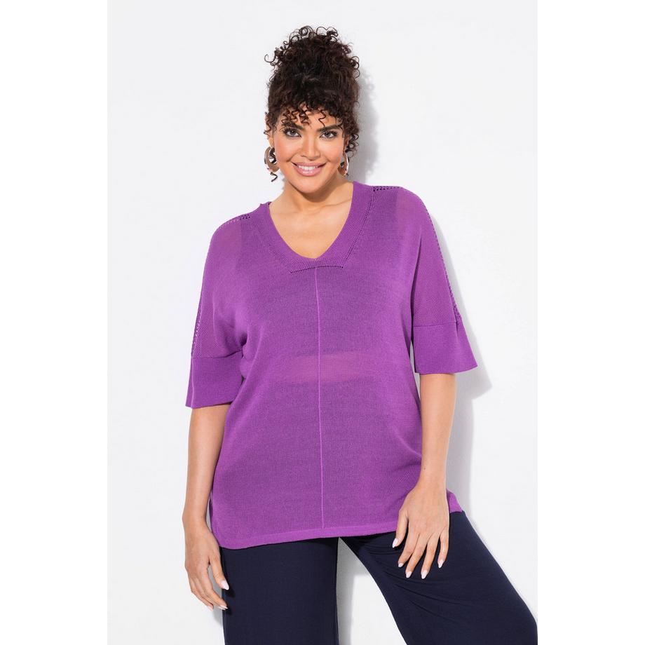 Ulla Popken Maglione Oversize Mezza Manica Scollo a V con Cucitura Decorativa  