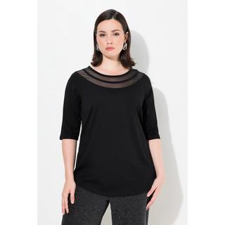 Ulla Popken  T-shirt, empiècement en mesh, coupe classique à col rond et manches 3/4 