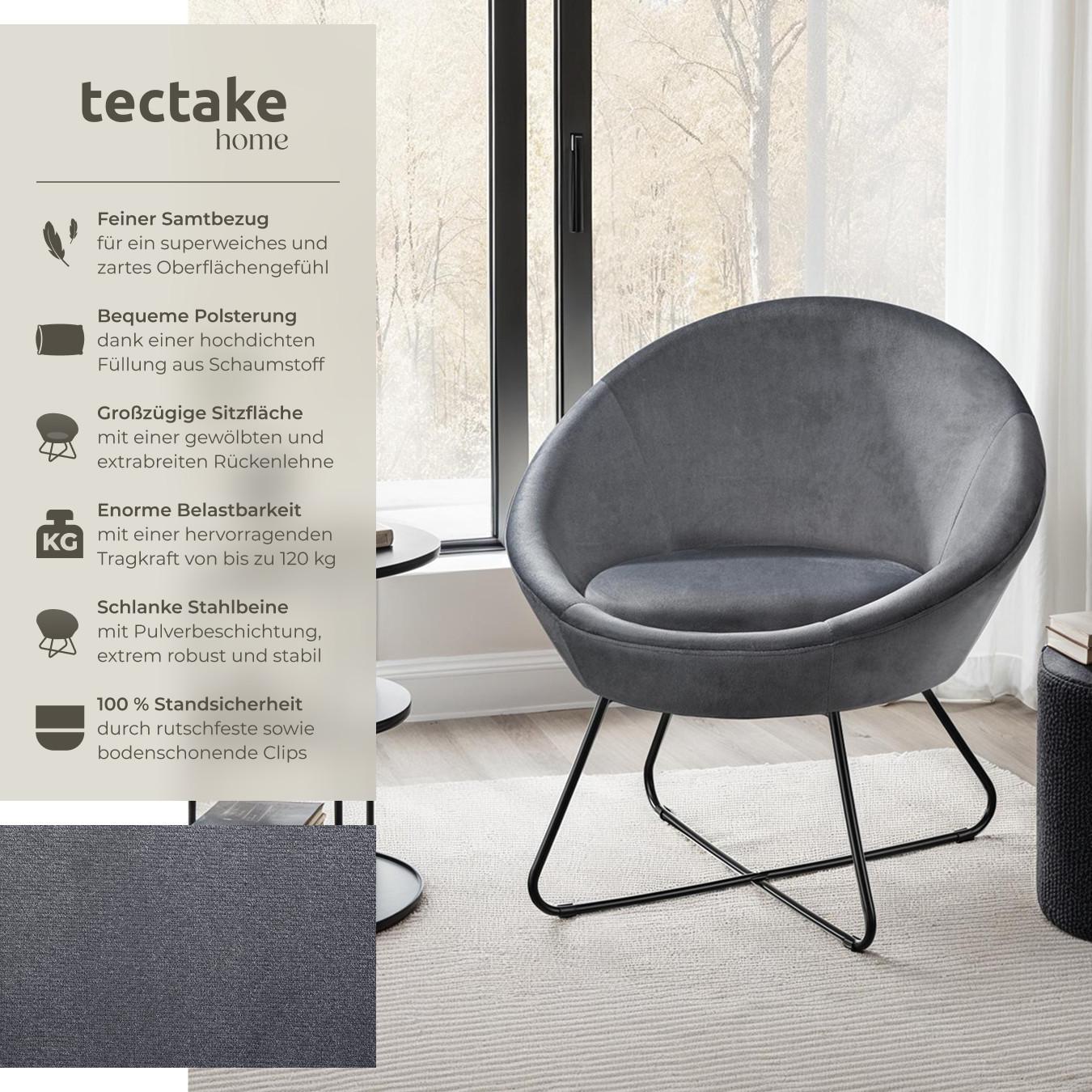 Tectake Cocktailsessel Centera gepolstert, mit Bouclé- oder Samtbezug runde, durchgehende Lehne  