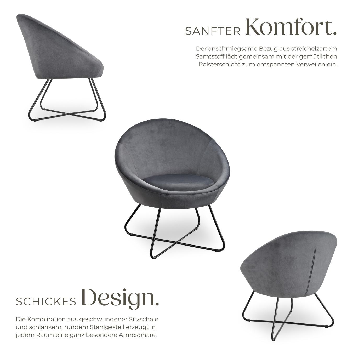 Tectake Cocktailsessel Centera gepolstert, mit Bouclé- oder Samtbezug runde, durchgehende Lehne  