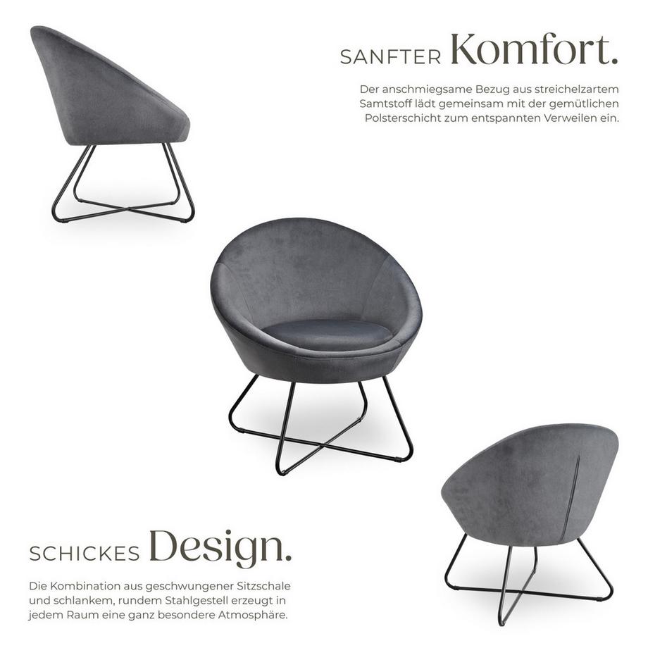 Tectake Cocktailsessel Centera gepolstert, mit Bouclé- oder Samtbezug runde, durchgehende Lehne  